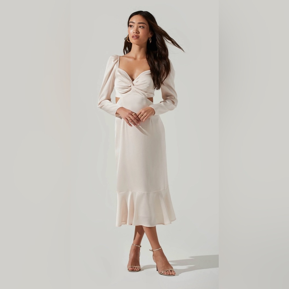 Astr Cream Midi Dress with Twist Front and Puff Sleeves